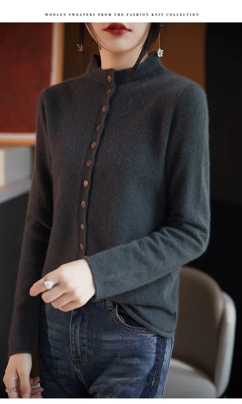 Women’s merino wool button cardigan, charcoal dark, button placket and high collar.