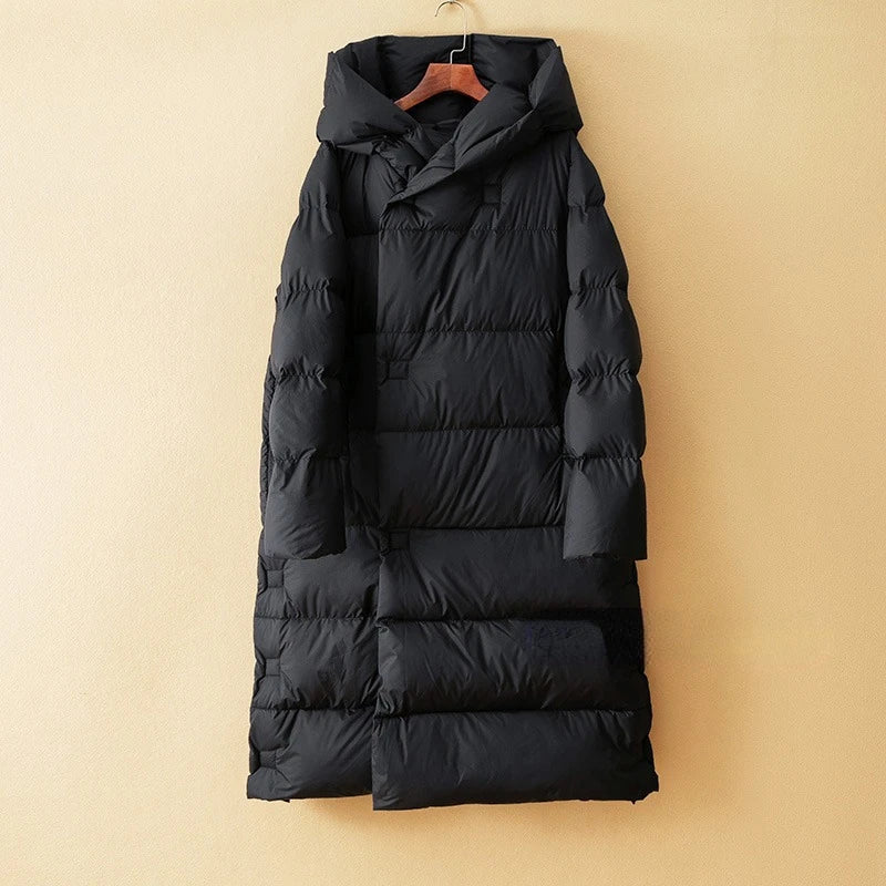 Black long down puffer parka with hood and quilted front panels