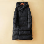 Black long down puffer parka with hood and quilted front panels