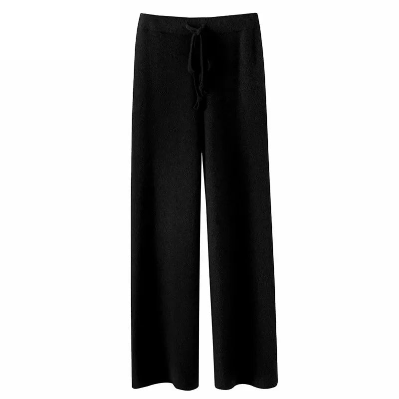 Black wide-leg lounge pants with high elastic waist and drawstring tie.