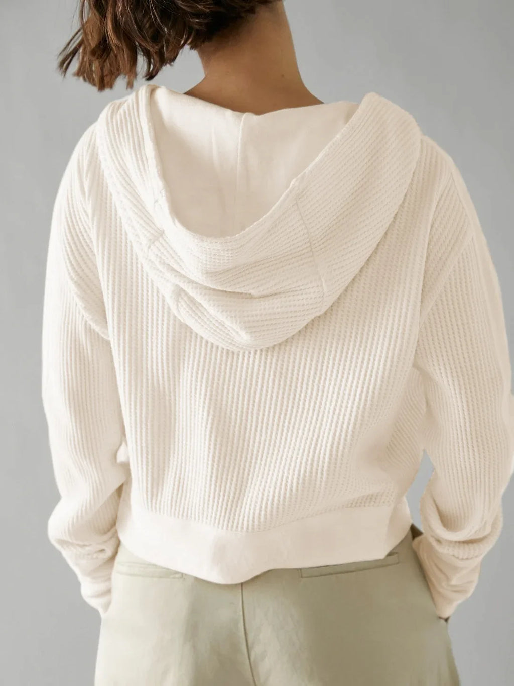Savaya Uptown waffle hoodie, cream knit, back view with relaxed fit