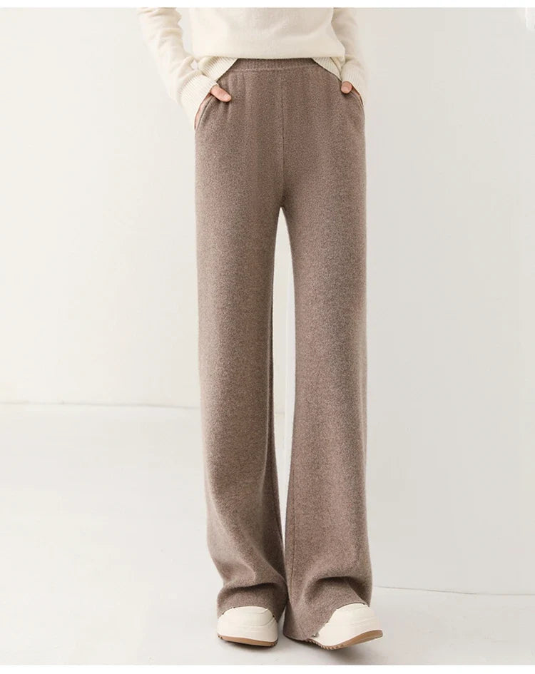 Taupe merino wool wide-leg knit pants, straight wide legs and full length.