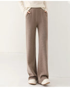 Taupe merino wool wide-leg knit pants, straight wide legs and full length.