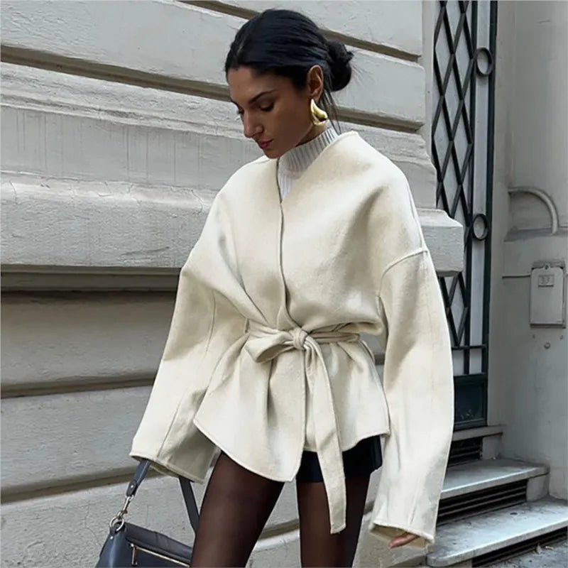 Ivory women’s wrap coat with tie waist and wide sleeves
