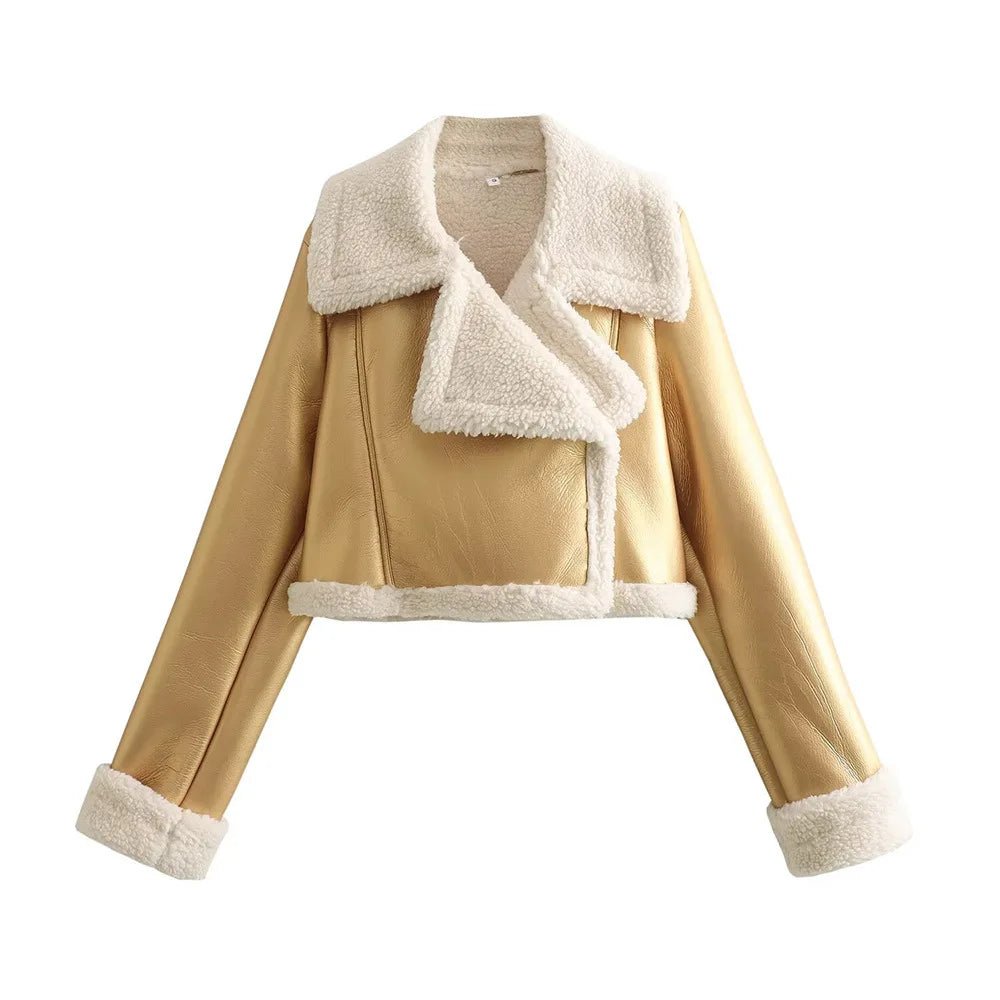 Lara cropped fleece jacket in gold leather with cream sherpa trim and zip front