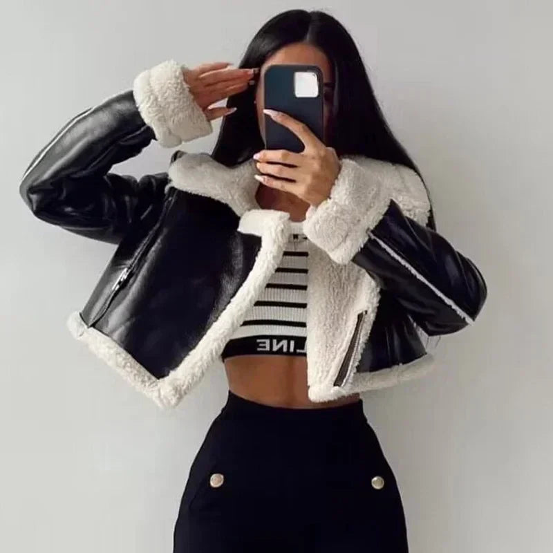 Lara cropped fleece jacket in black leather with cream sherpa trim, cropped fit
