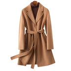 Women’s belted wool midi coat, camel brown, notch lapels, long sleeves