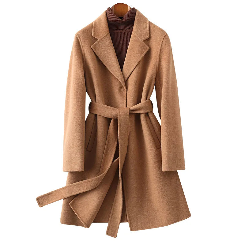 Women’s belted wool midi coat, camel brown, notch lapels, long sleeves