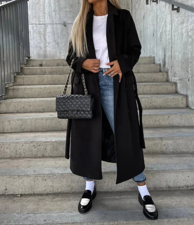 Women's thick double-breasted long coat, black, button-front lapels