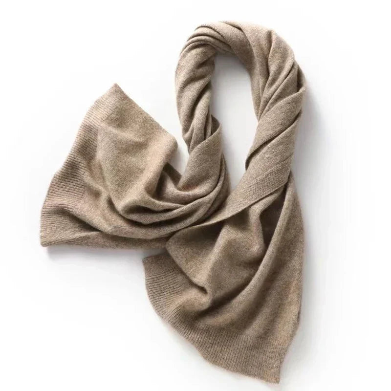 Wool shawl in camel, draped knit with gentle folds and ribbed edging