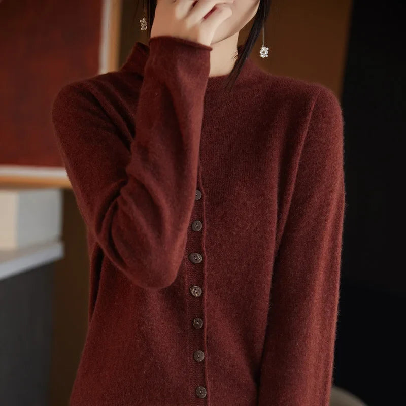Women\u2019s merino wool button cardigan, maroon, long sleeves with button-front closure