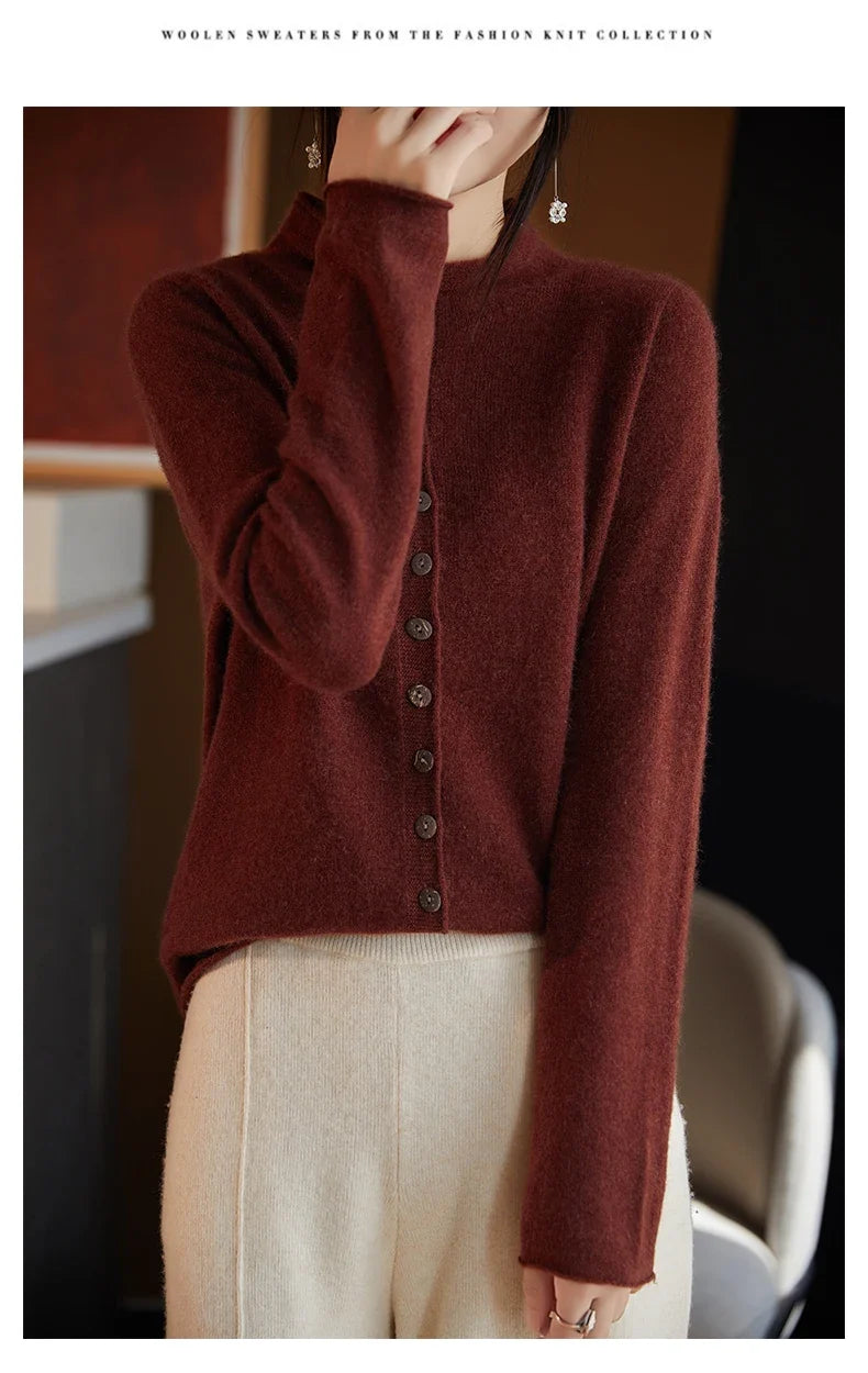 Women’s merino wool button cardigan, burgundy, button placket visible from side/back.