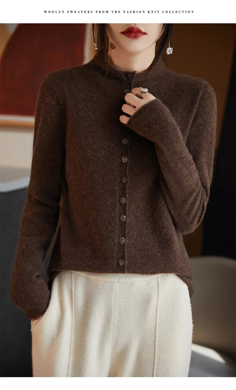 Women’s merino wool button cardigan, dark coffee brown, button-front with high neckline.