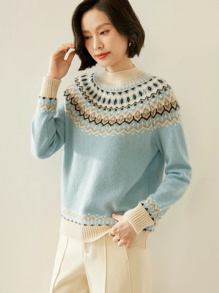 Light blue mock neck Fair Isle sweater with long sleeves, ribbed cuffs, and patterned yoke.