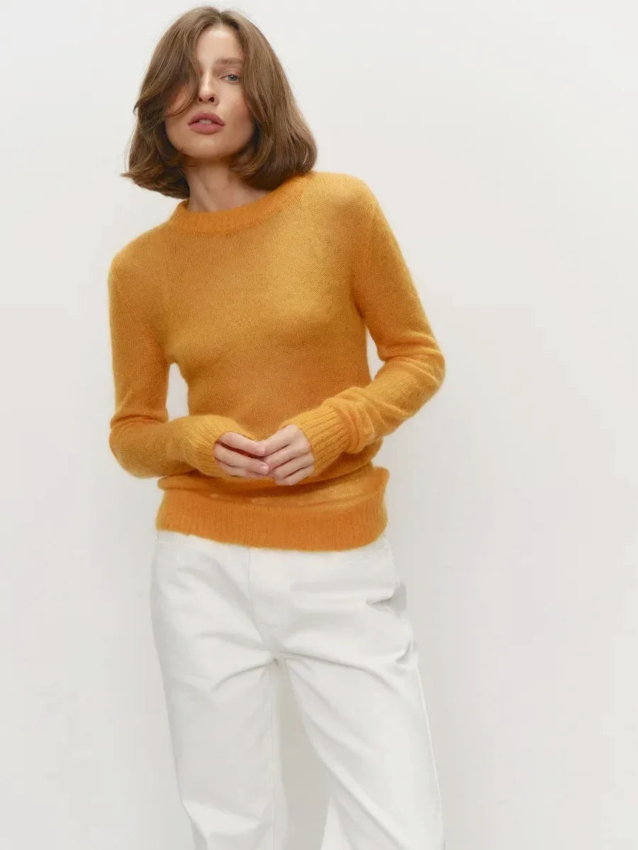 Lightweight crewneck knit sweater, mustard yellow, long sleeves and ribbed hem