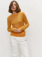 Lightweight crewneck knit sweater, mustard yellow, long sleeves and ribbed hem