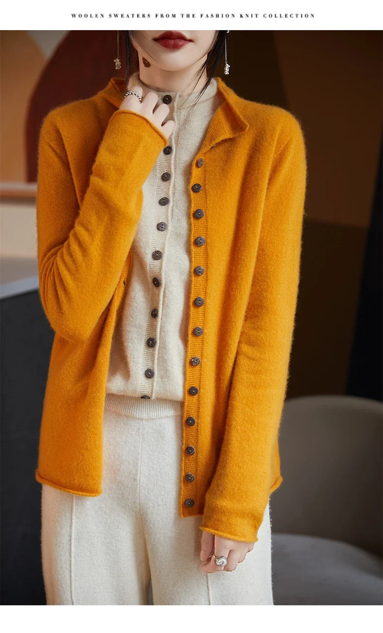 Women’s merino wool button cardigan, mustard yellow, round neckline, button front