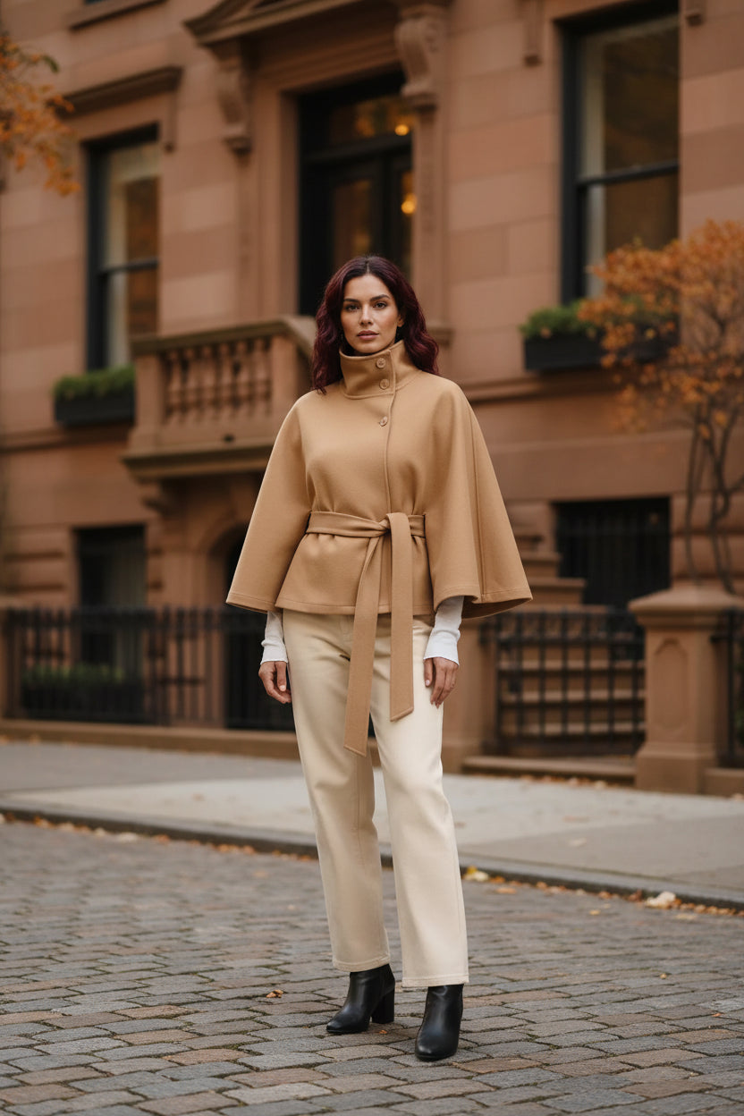 Camel wool-blend cape coat with stand collar, snap buttons, and waist tie belt
