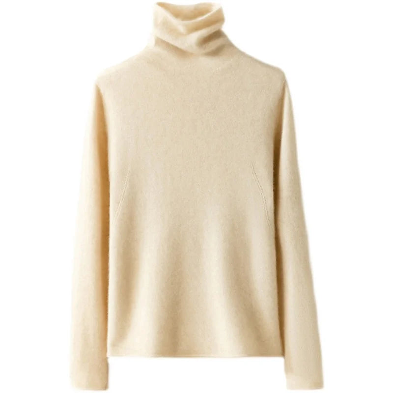 Ivory slim fit turtleneck knit sweater with long sleeves and ribbed collar.