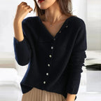 Navy asymmetrical knit sweater with V-neck, front buttons, and three-quarter sleeves