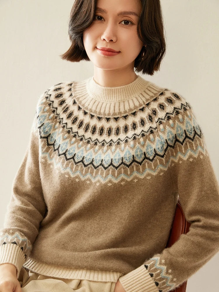 Camel Fair Isle mock neck sweater with long sleeves and ribbed knit trim at cuffs and hem.
