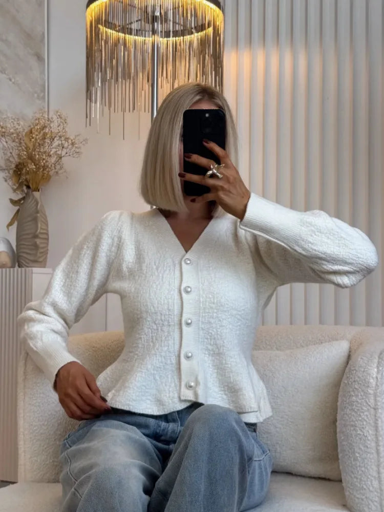 Women’s cropped V-neck cardigan, textured knit, button-front, long sleeves, white