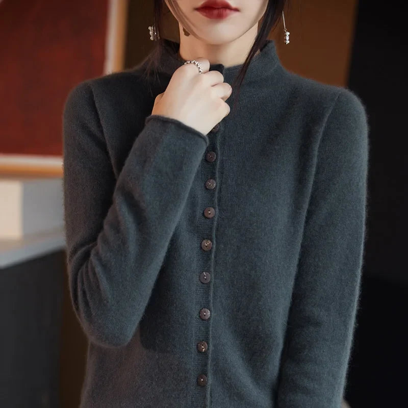 Women’s merino wool button cardigan, slate blue-gray with button front and long sleeves