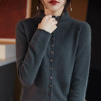 Women’s merino wool button cardigan, slate blue-gray with button front and long sleeves
