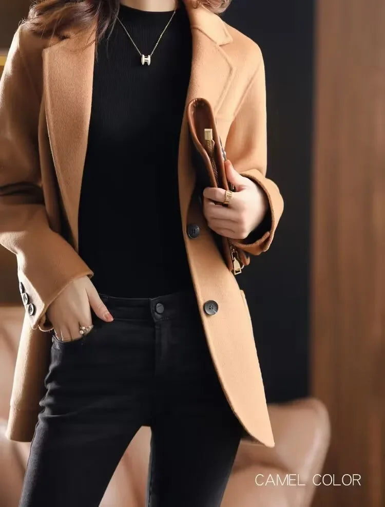 Camel wool blazer with notched lapel, two-button front, front pockets, long sleeves