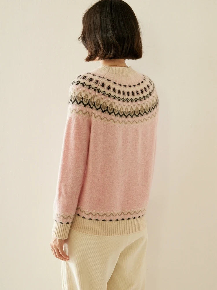 Pink fair isle knit sweater from back view with patterned yoke across shoulders