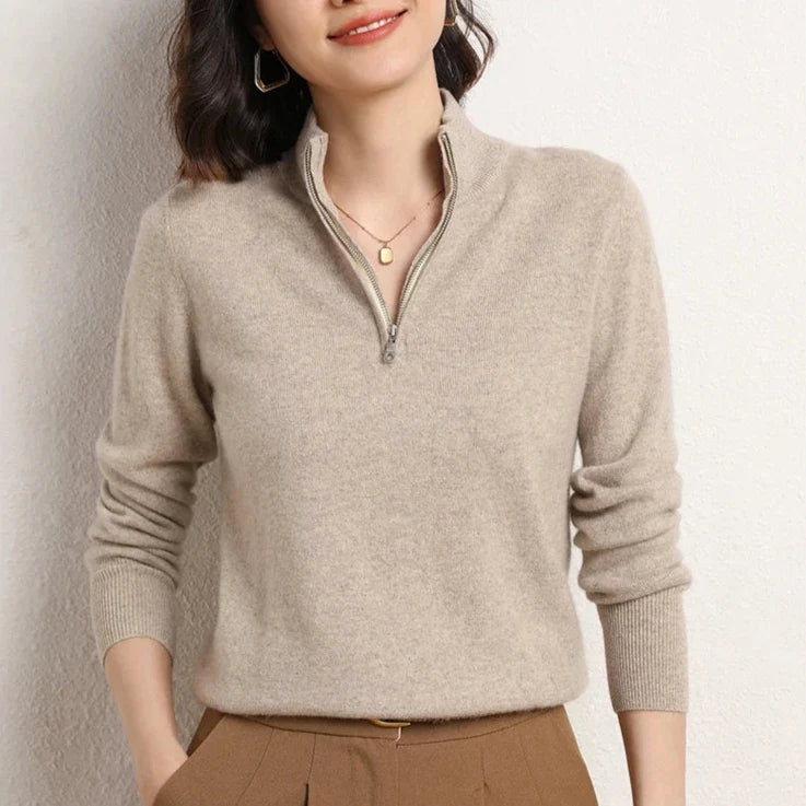 Women’s half-zip mock neck knit sweater in heather light gray-beige, fitted long sleeves