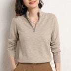 Women’s half-zip mock neck knit sweater in heather light gray-beige, fitted long sleeves