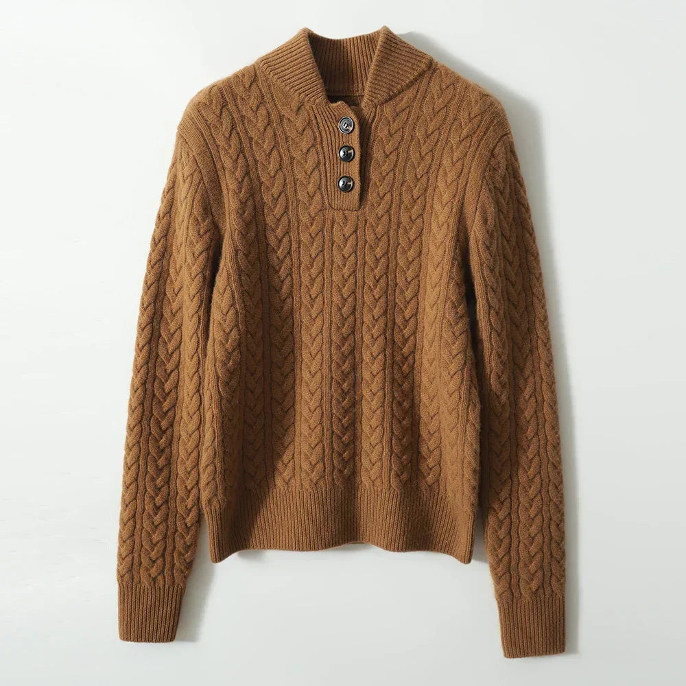Camel brown button-up cashmere sweater with cable knit pattern and three-button placket