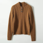 Camel brown button-up cashmere sweater with cable knit pattern and three-button placket