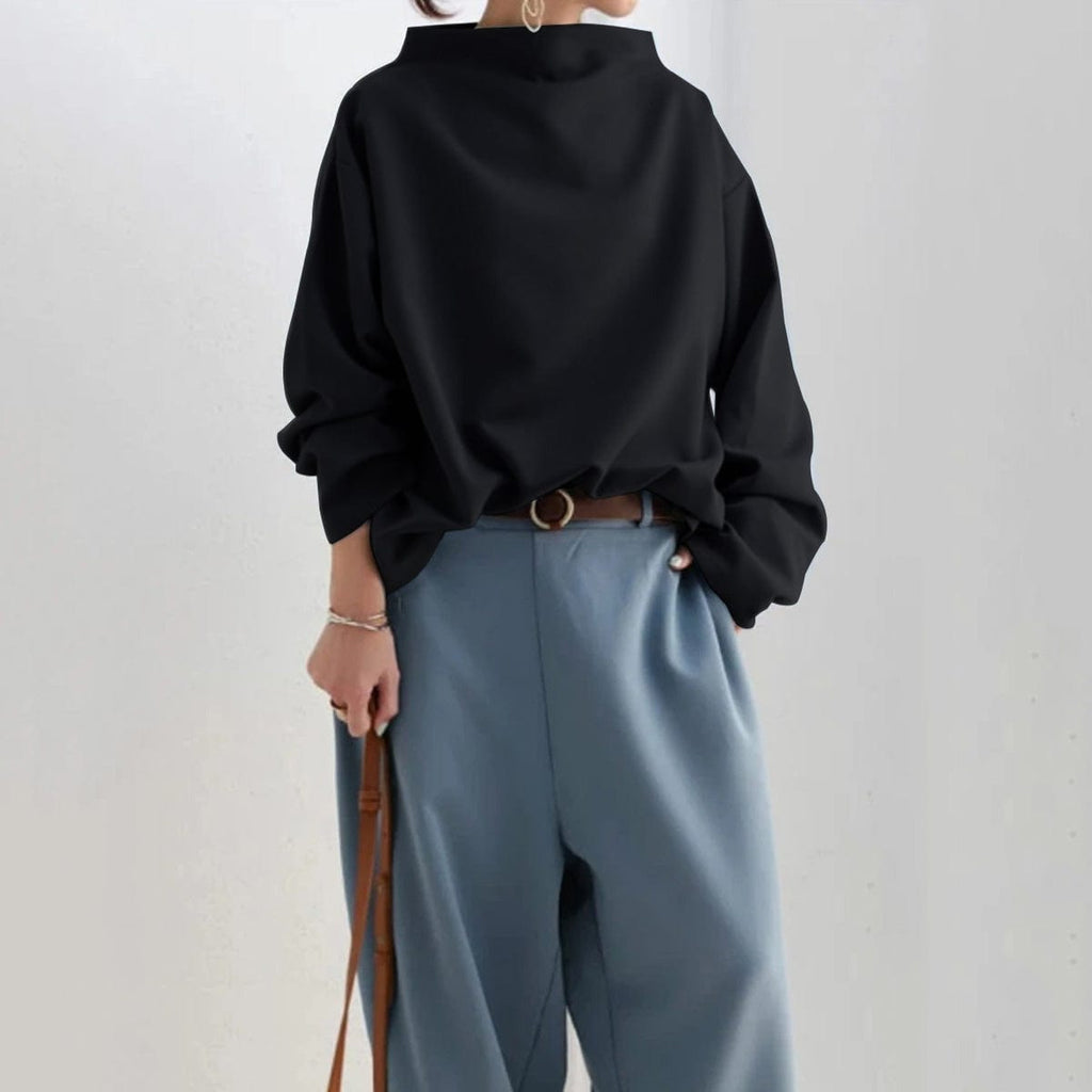 Black high-neck casual top with loose long sleeves and thick collar