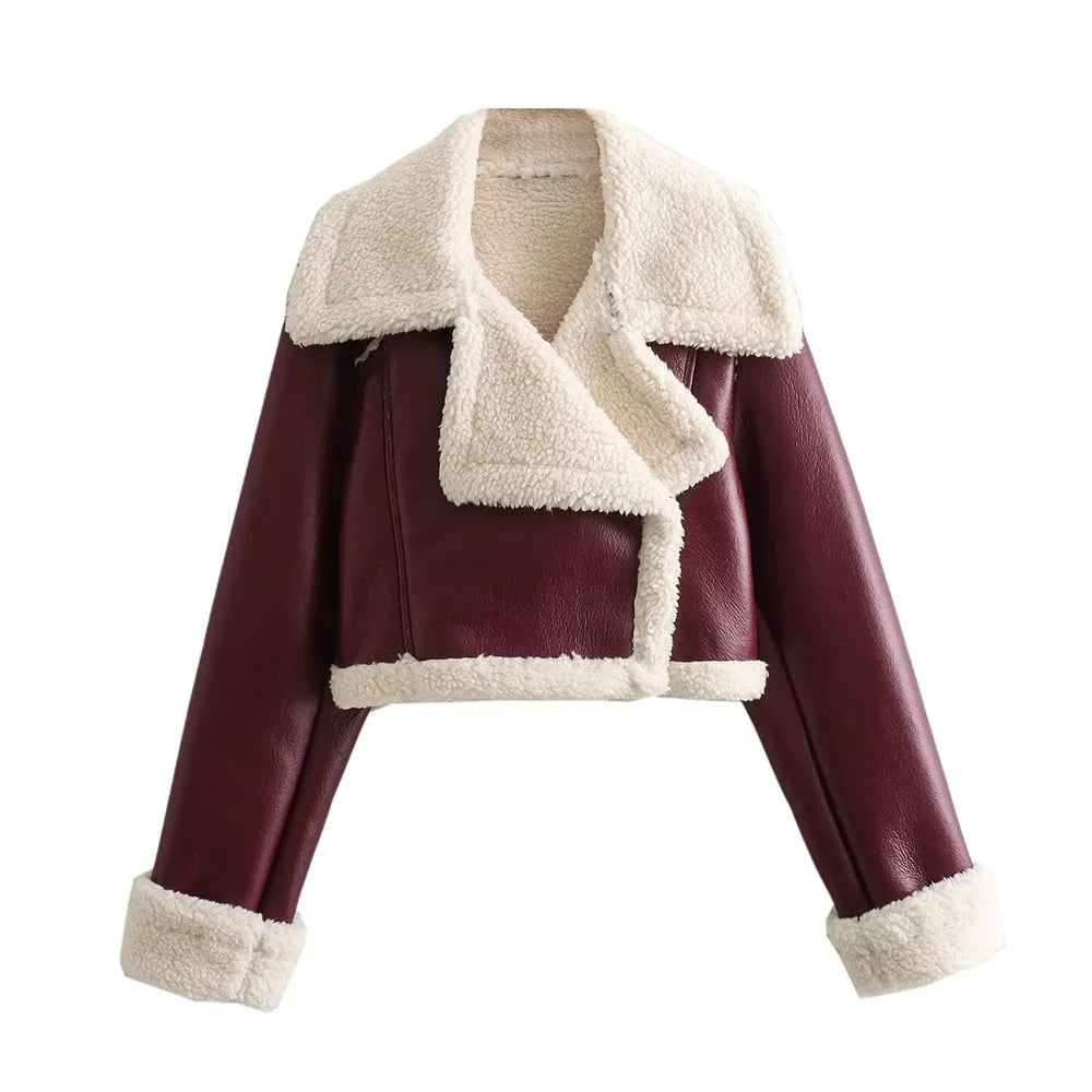 Cropped fleece jacket in burgundy with cream sherpa collar and hem trim
