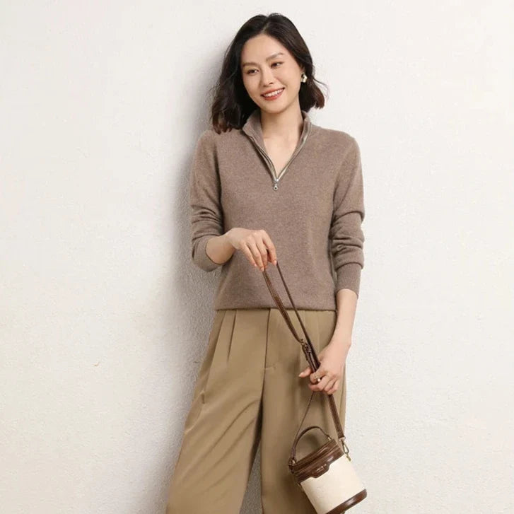 Women’s half-zip mock neck knit sweater in warm taupe, ribbed mock neck and cuffs