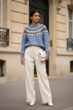 Women's Fair Isle mock neck sweater, light blue with cream and dark knit patterns