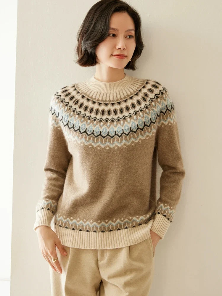 Women's camel-brown Fair Isle mock neck sweater with zigzag and dot pattern