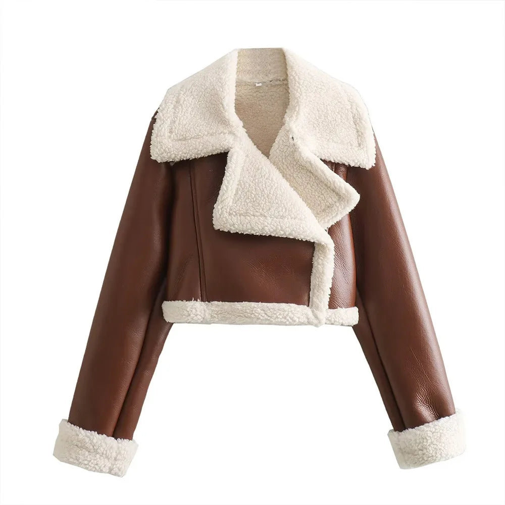 Lara cropped fleece jacket in wine-brown leather with cream sherpa trim and zip front