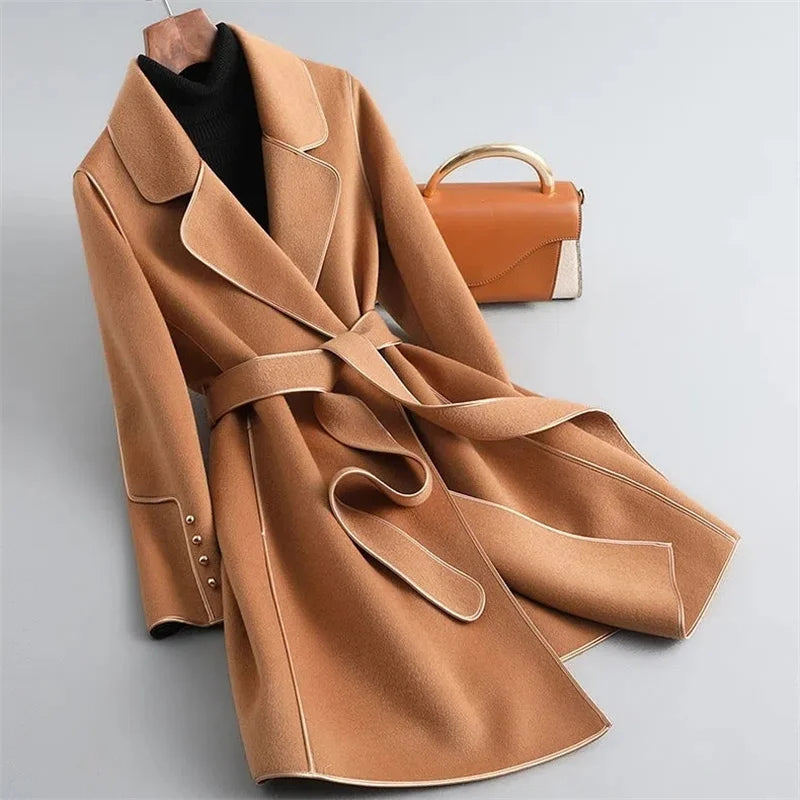 Womens tan long overcoat set with notched lapels, belt tie, and side pockets