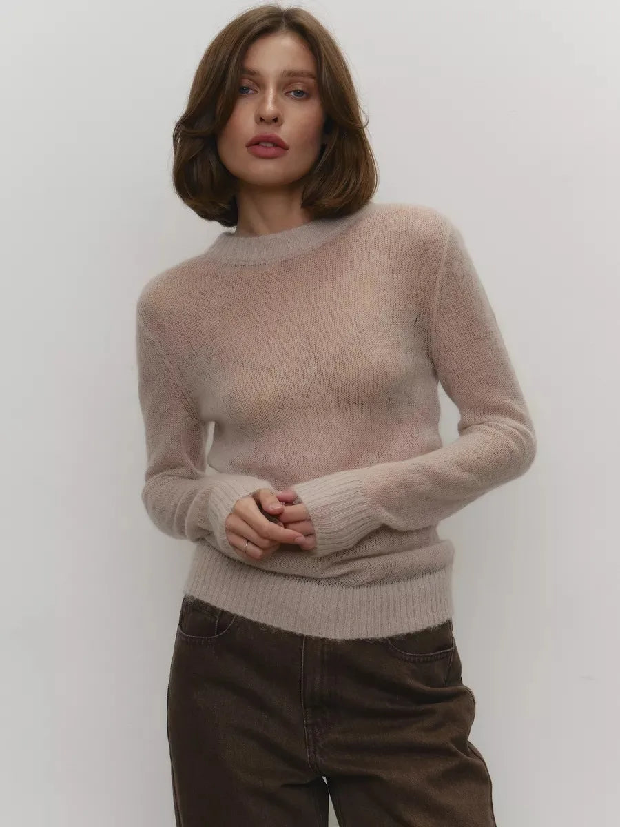 Lightweight crewneck knit sweater in light beige, ribbed crew neck and cuff details