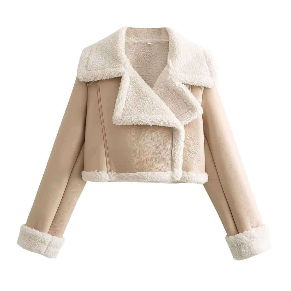 Lara cropped fleece jacket in beige leather with cream sherpa trim and zip front