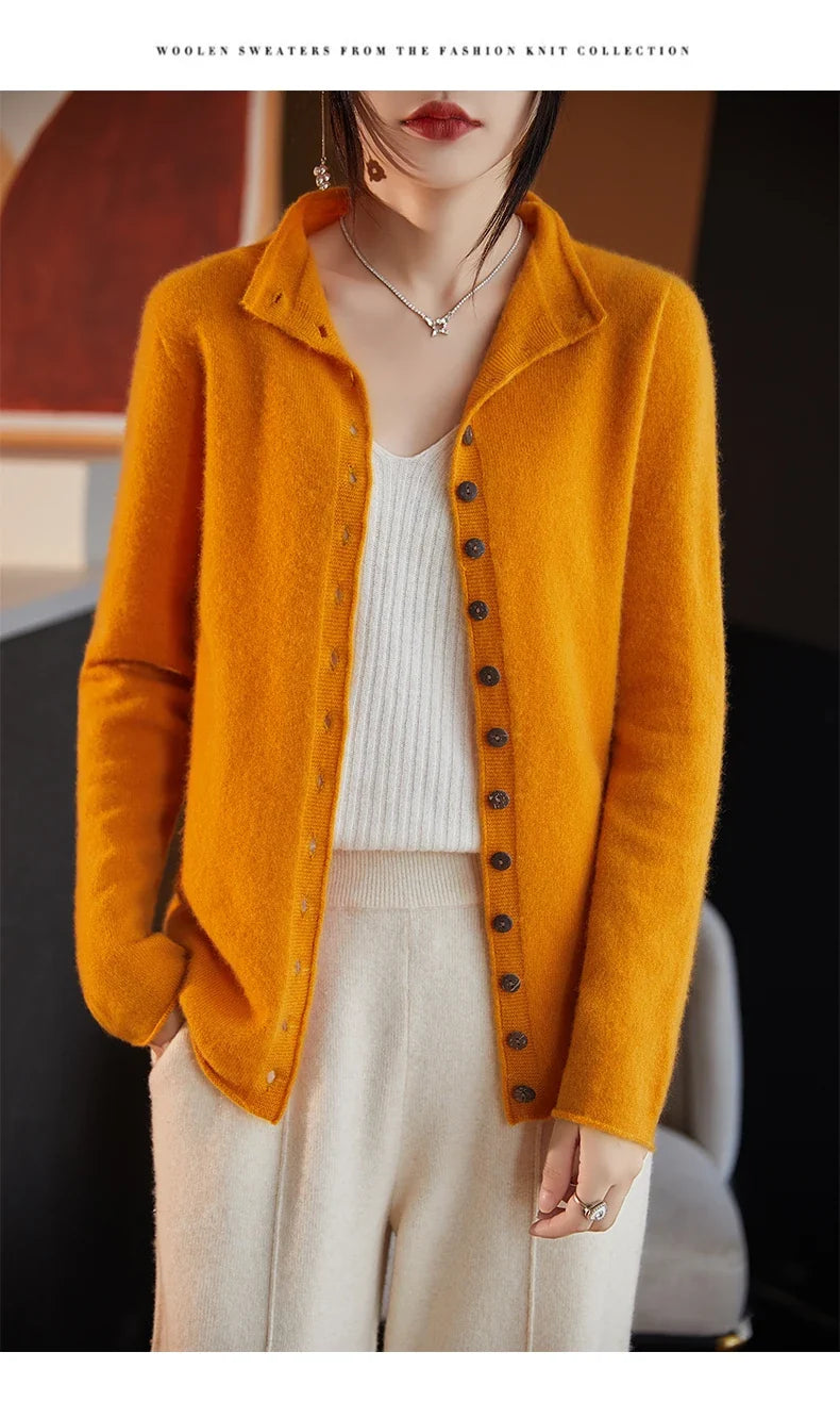 Women’s merino wool button cardigan, mustard yellow, collared neck, long sleeves
