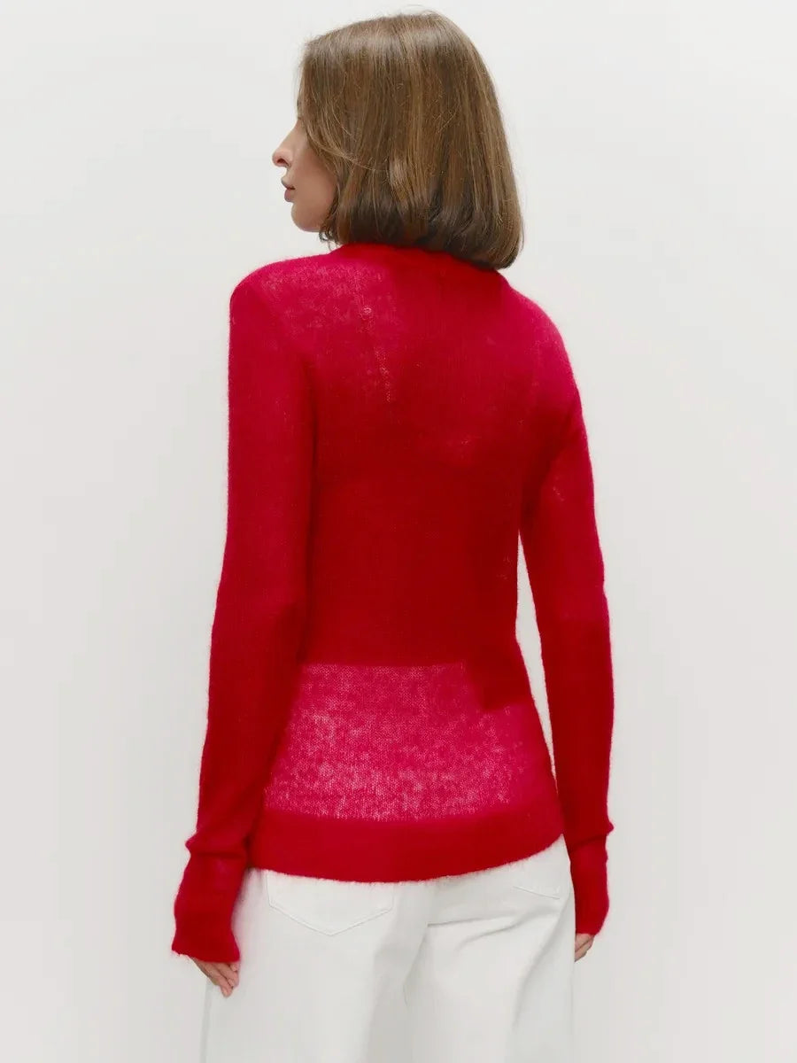 Bright red crewneck knit sweater, back view, ribbed cuffs and hem