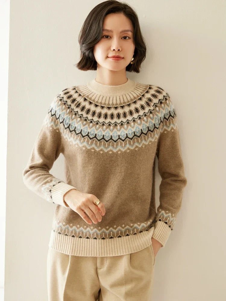 Women's Fair Isle mock neck sweater, camel-brown with blue stripe Fair Isle band