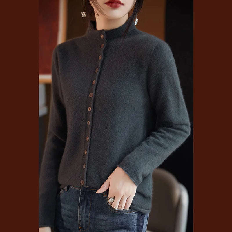 Women’s merino wool button cardigan, blue-gray with button front and long sleeves