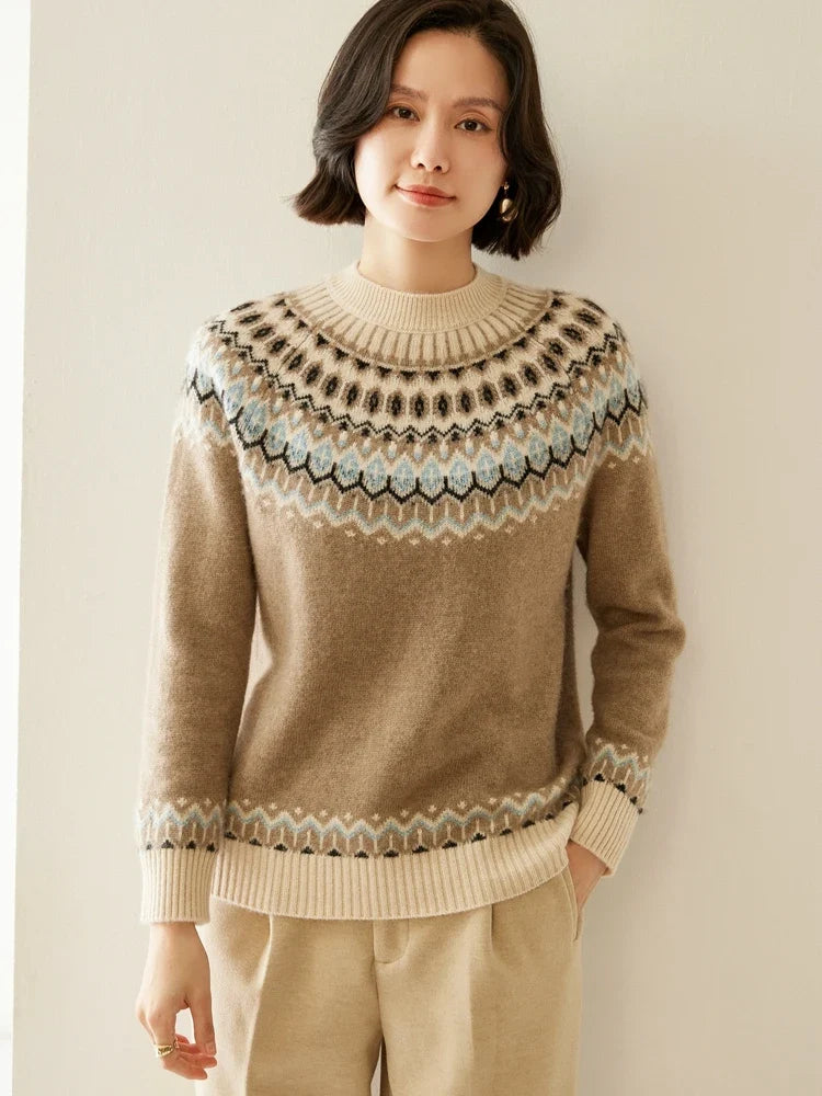 Women's Fair Isle mock neck sweater, camel-brown knit with blue and cream motif