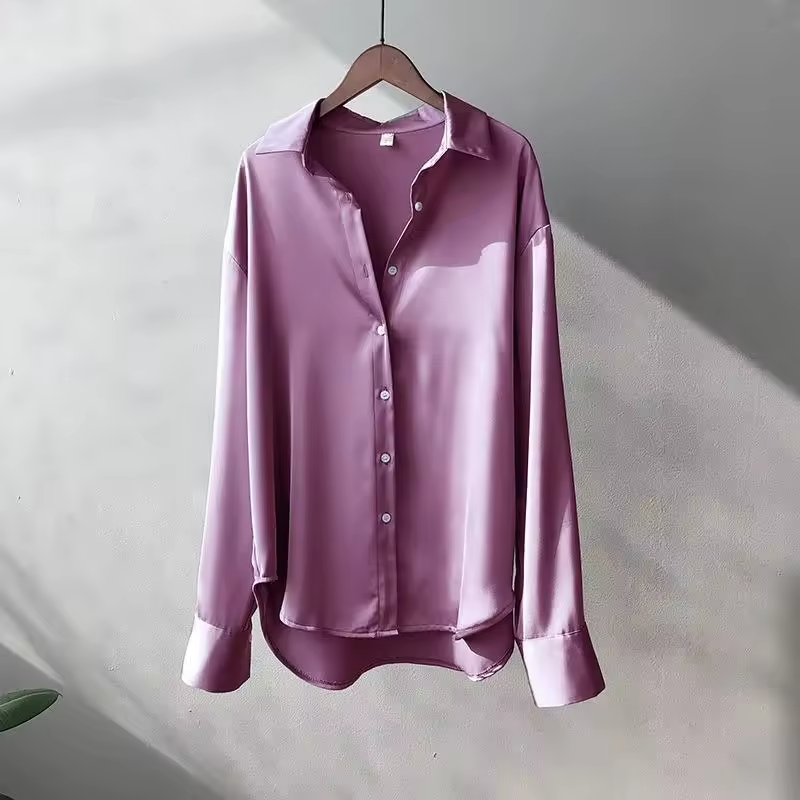 Women's satin silk blouse, long-sleeve button-up with pointed collar, mauve purple