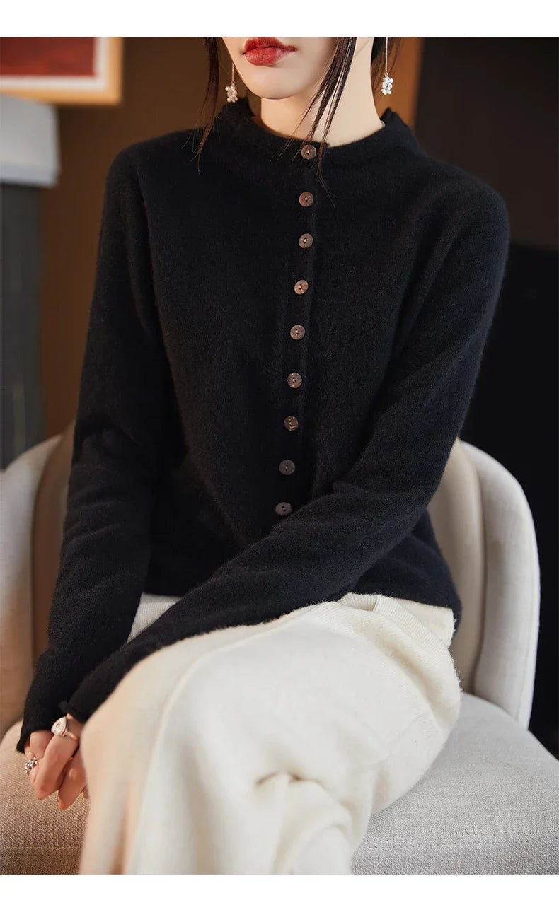 Women’s merino wool button cardigan, black, slim button placket, long sleeves
